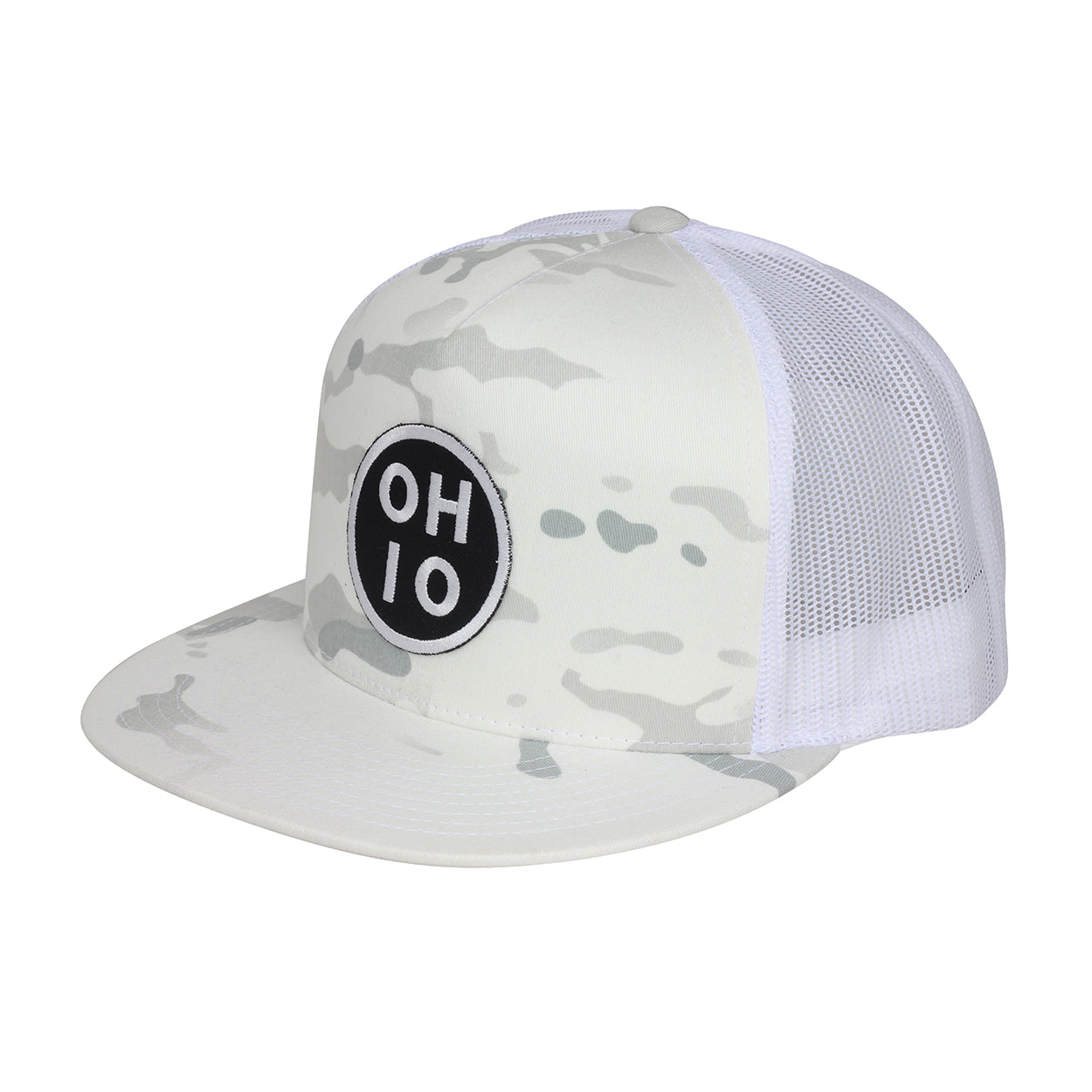 Circle Ohio Alpine White Camo Snap Trucker Hat - Clothe Ohio - Soft Ohio Shirts